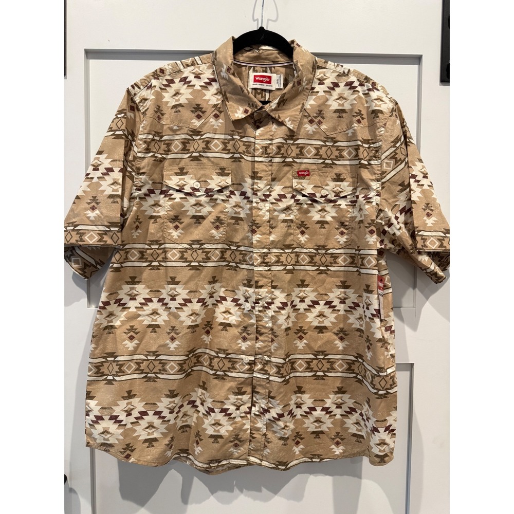 Wrangler Mens Aztec Southwestern Print Short Sleeve Button Down Shirt Tan XL